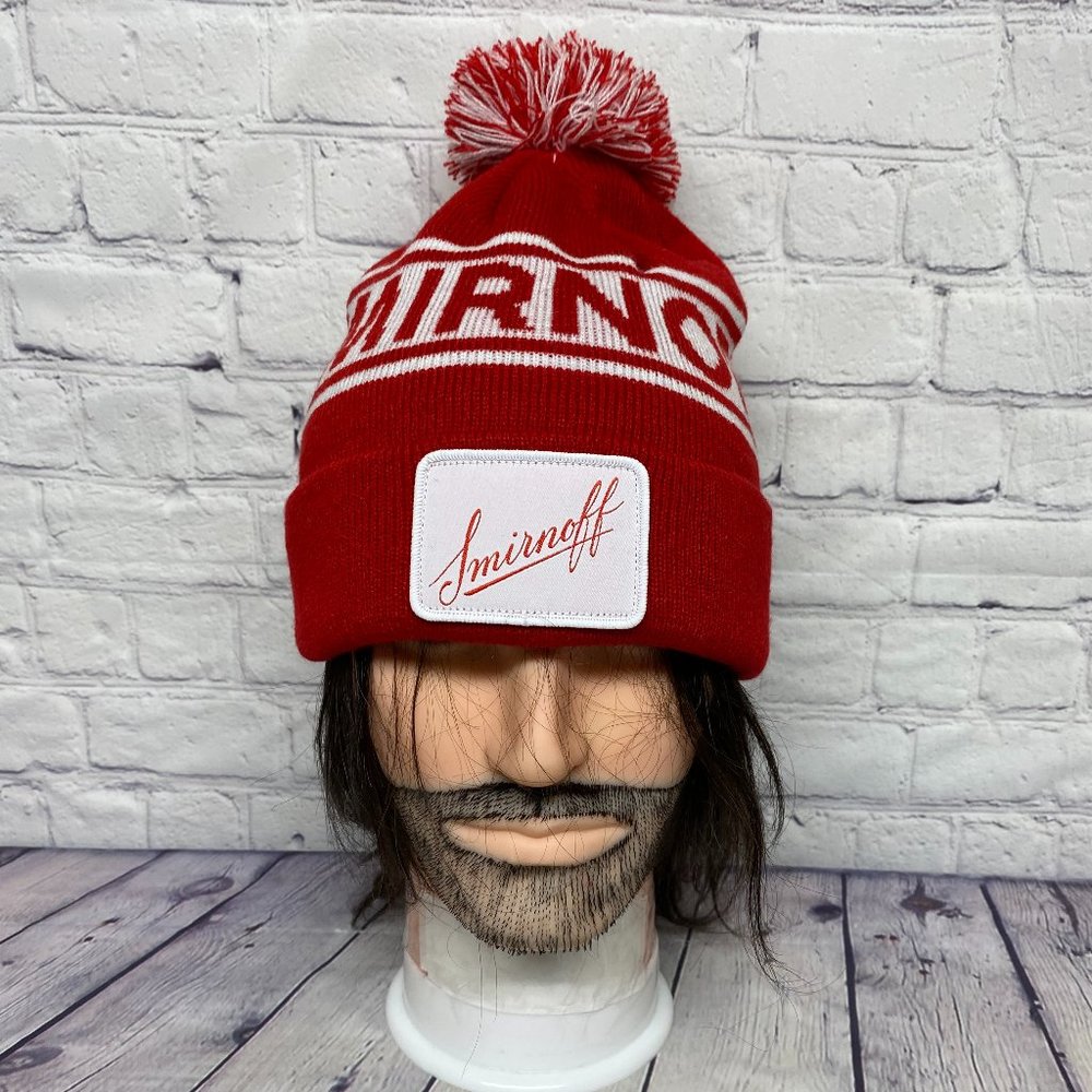 Smirnoff Vodka Beanie Hat Cap Red White Winter Toque Knit POM Top Patch Logo